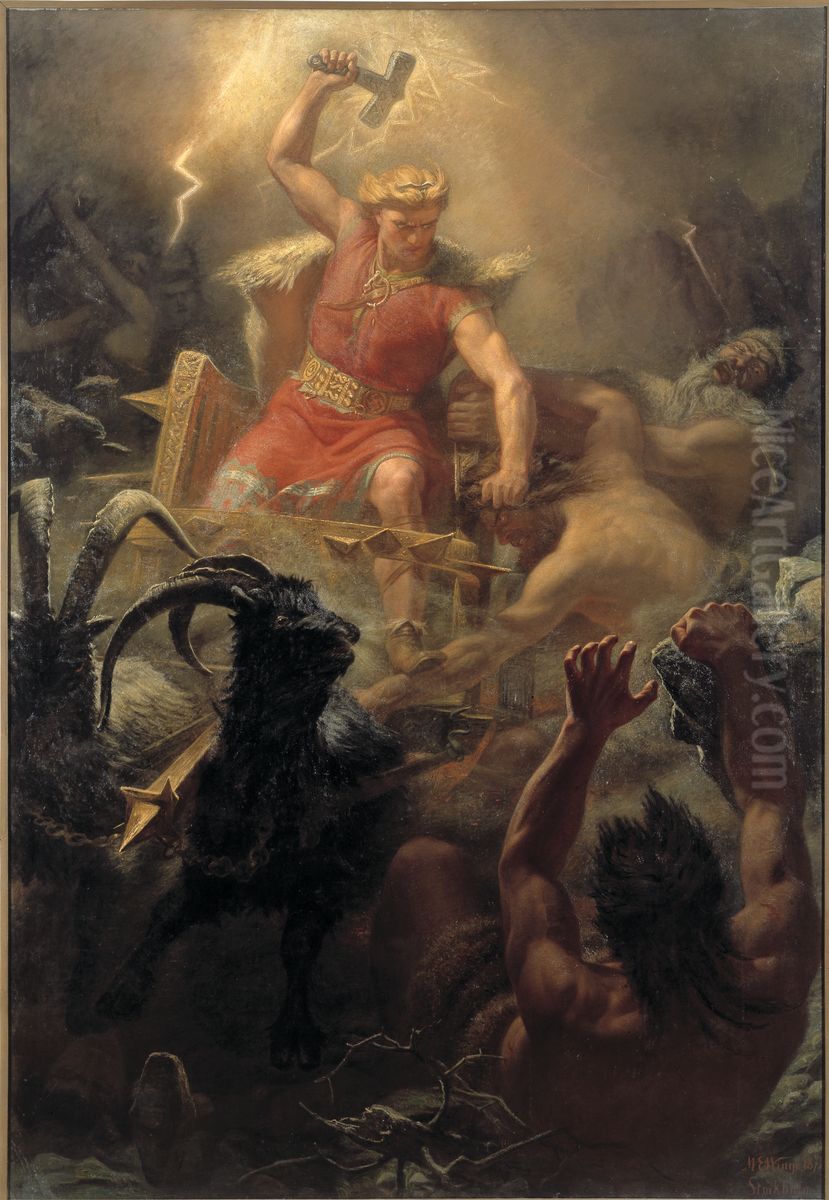 Tors strid med jattarna Oil Painting by Marten Eskil Winge