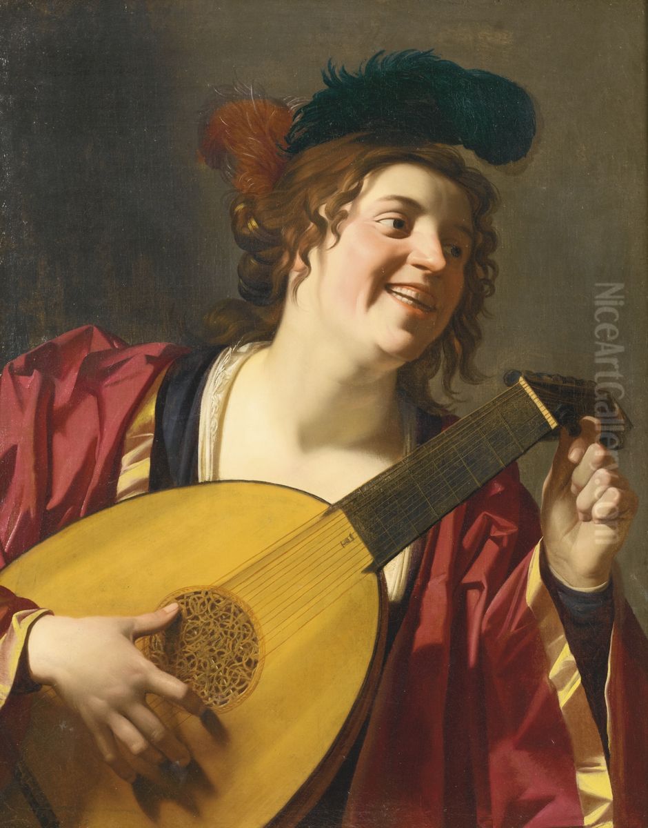 A Woman tuning a lute Oil Painting by Gerard van Honthorst
