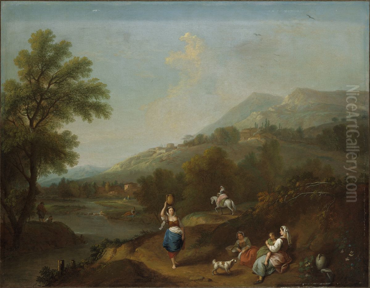 Idyllic River Landscape with Figures Oil Painting by Francesco Zuccarelli
