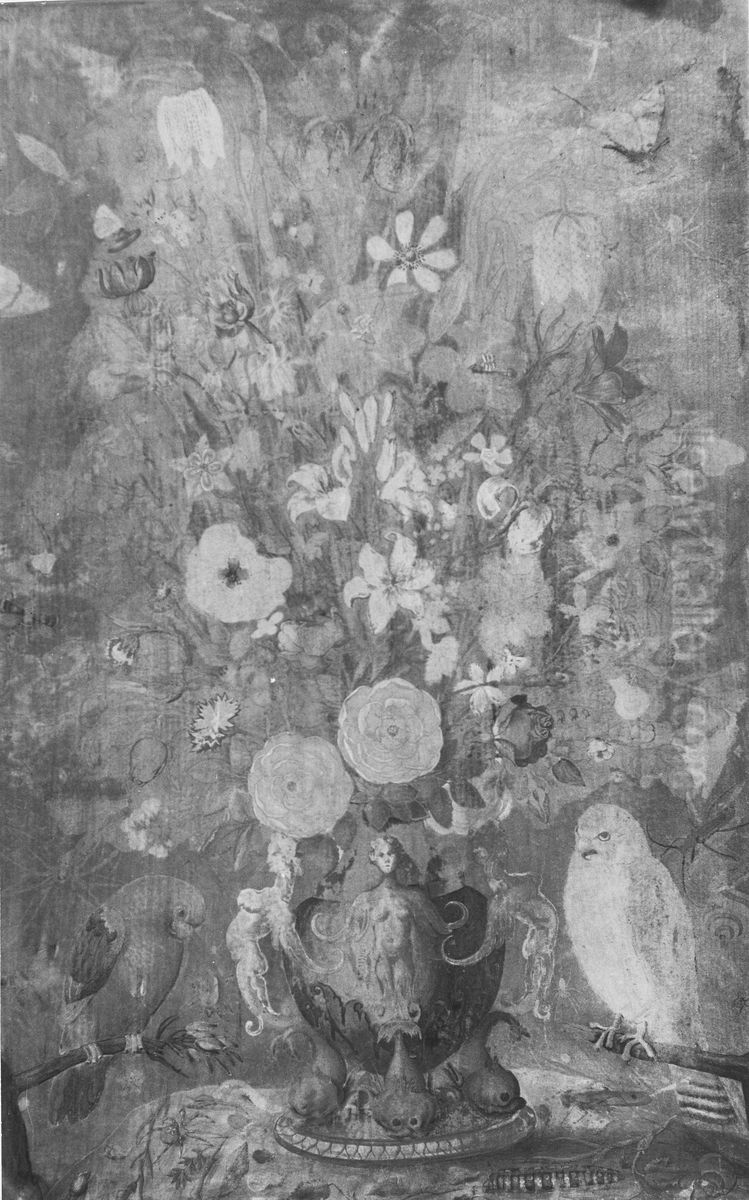 Stilleben med blomstervas och tva faglar Oil Painting by Joris Hoefnagel