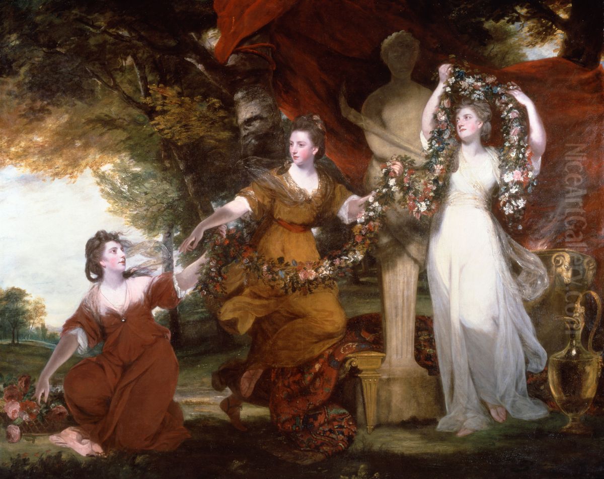 Three Ladies Adorning a Herm of Hymen Oil Painting by Of Sir Joshua Reynolds