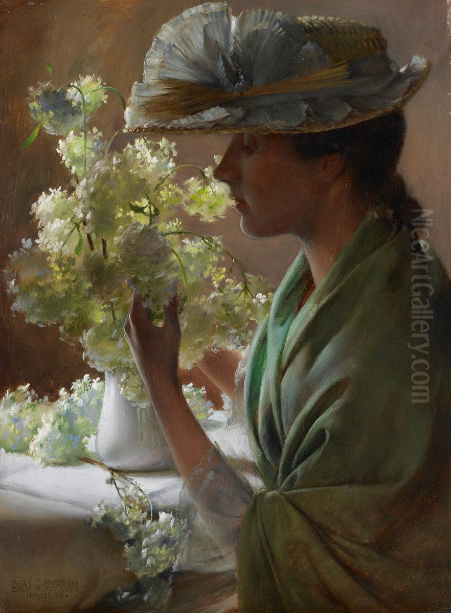 Lady with a Bouquet (Snowballs) Oil Painting by Charles Curran