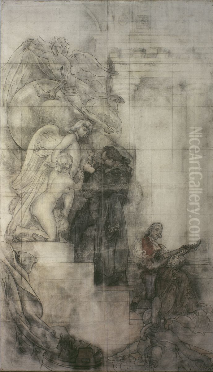 Bildhuggarkonsten: Bellman i Sergels atelje. Kartong till fresk i NM:s nedre trapphall Oil Painting by Carl Larsson