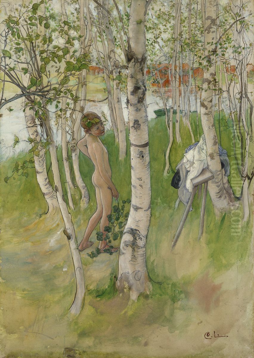 Ulf. Nude Boy among Birches Oil Painting by Carl Larsson
