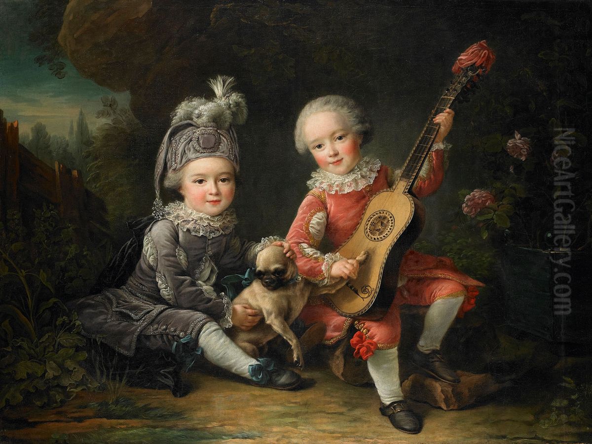 Children of the Marquis de Bethune Playing with a Dog Oil Painting by Francois-Hubert Drouais