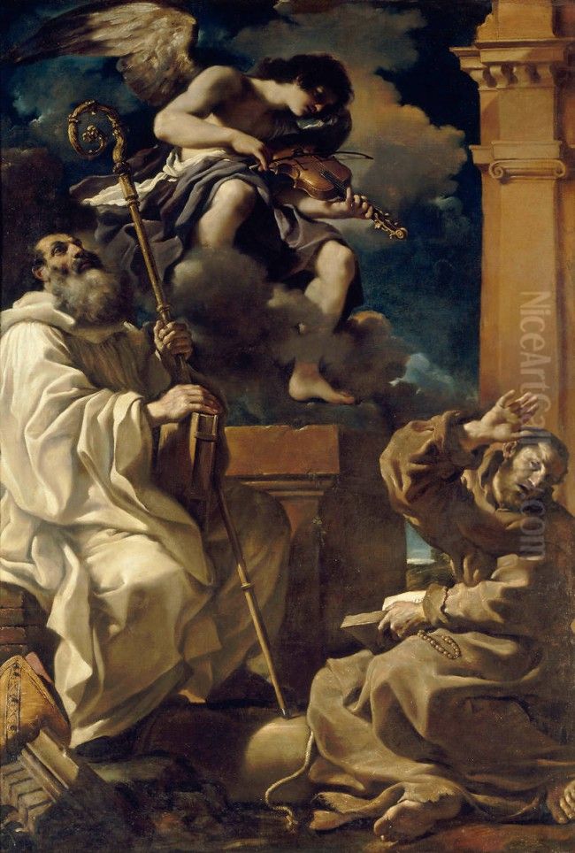 Saint Francois en extase et saint Benoit avec un ange musicien Oil Painting by Giovanni Francesco Barbieri