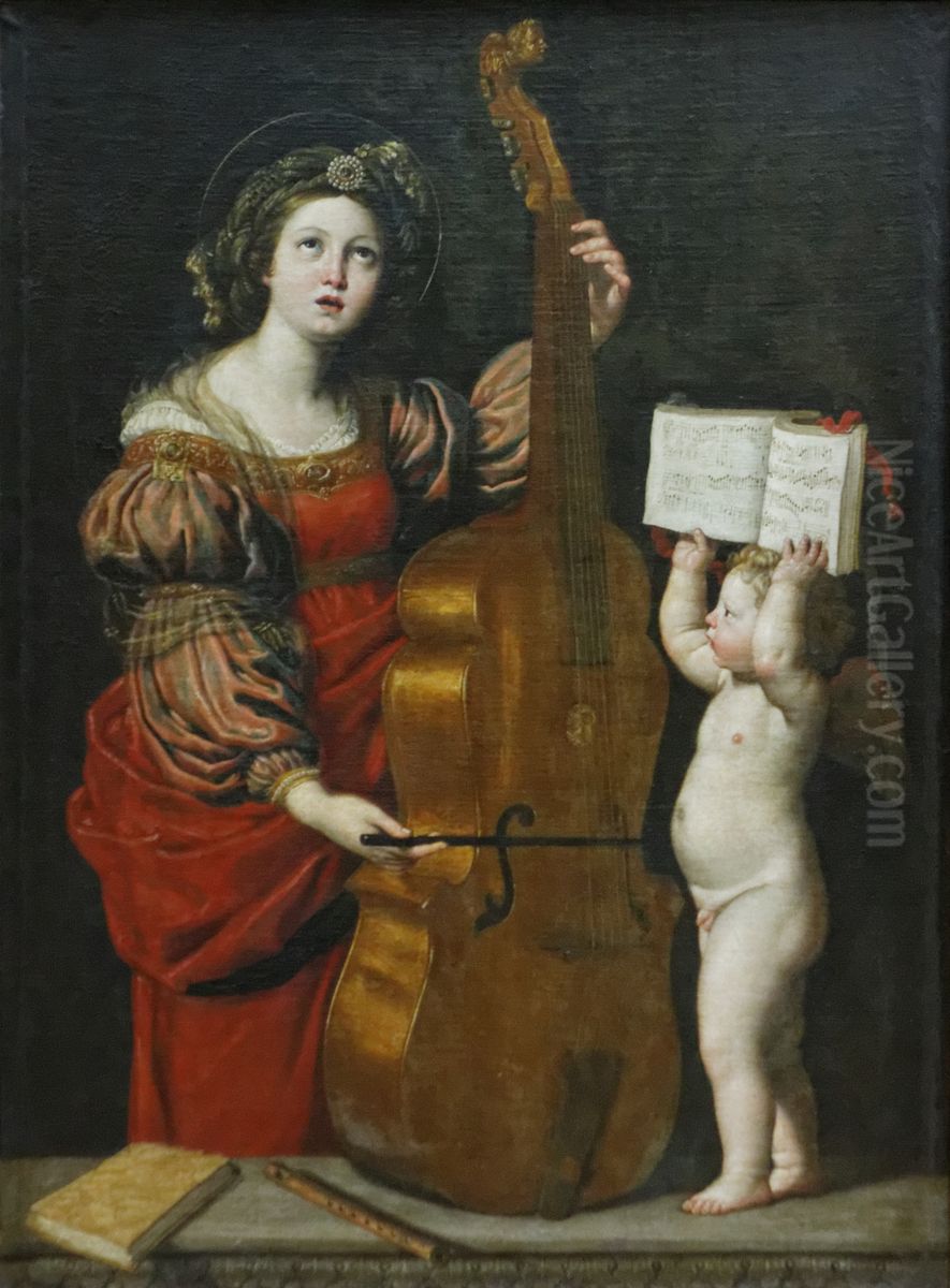 Sainte Cecile avec un ange tenant une partition musicale Oil Painting by Domenico Zampieri (Domenichino)