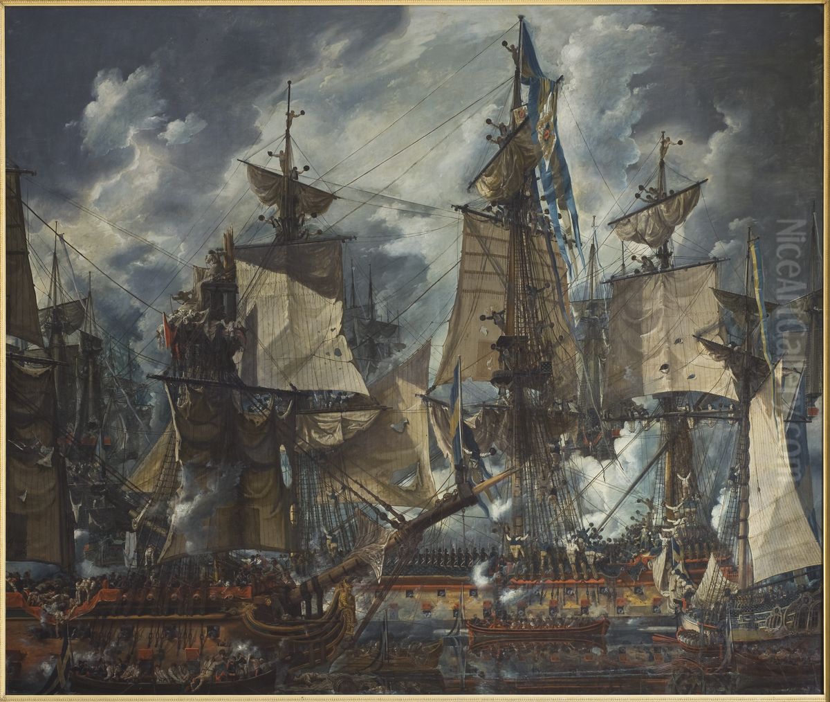 Svenska chefsskeppet Gustaf III efter slaget vid Hogland 1788 Oil Painting by Louis Jean Desprez