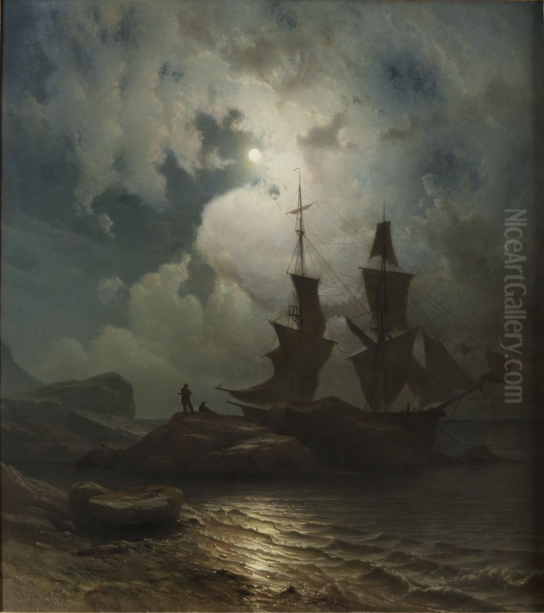 Maneskinn pa den norske kyst Oil Painting by Knud Baade