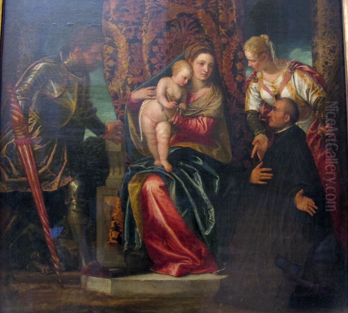 Vierge a l'Enfant avec saint Georges et sainte Justine presentant un benedictin agenouille Oil Painting by Paolo Veronese (Caliari)