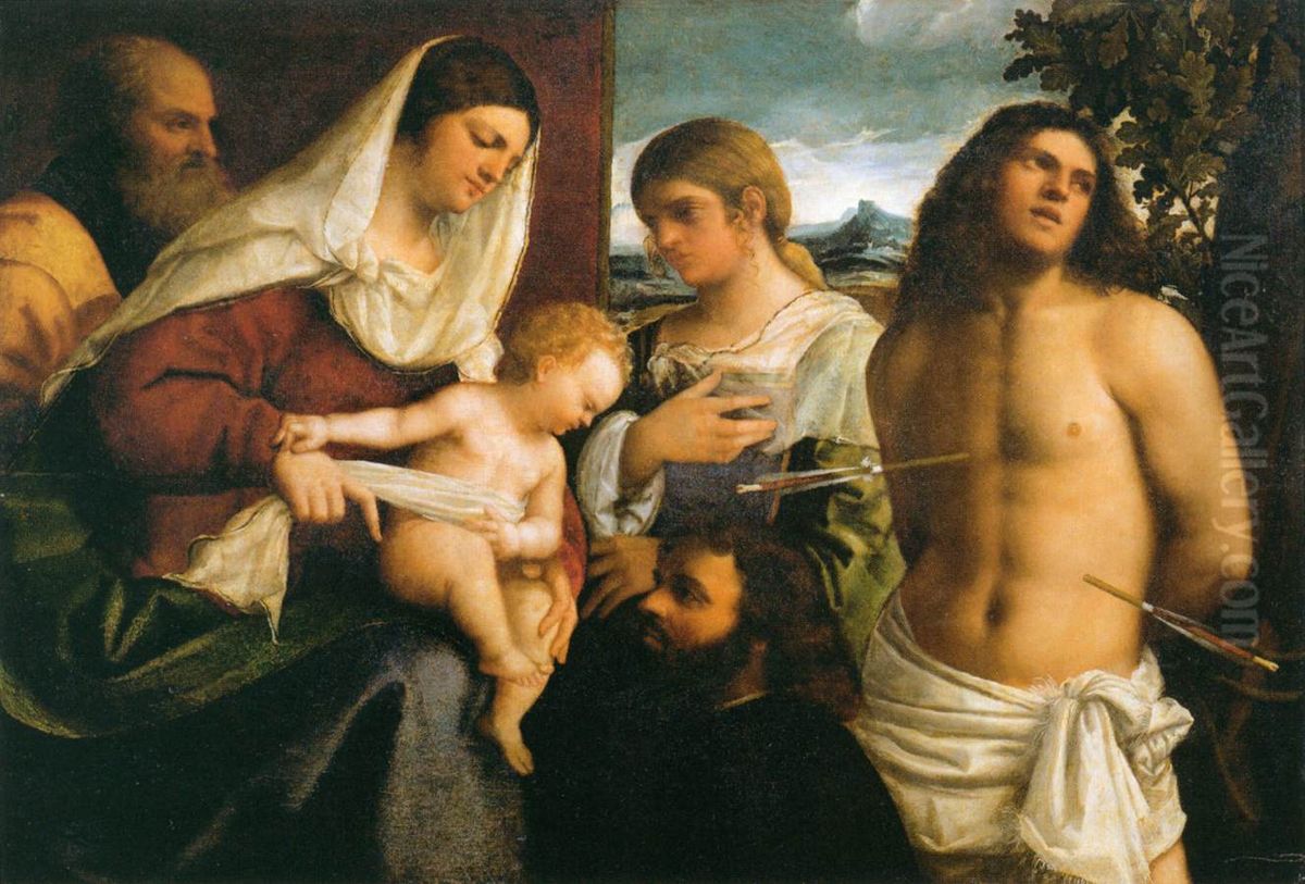 La Sainte Famille avec sainte Catherine, saint Sebastien et un donateur Oil Painting by Sebastiano Del Piombo