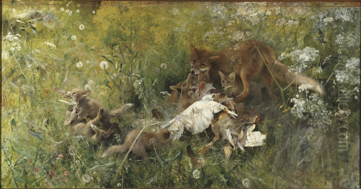 A Fox Family Oil Painting by Bruno Andreas Liljefors