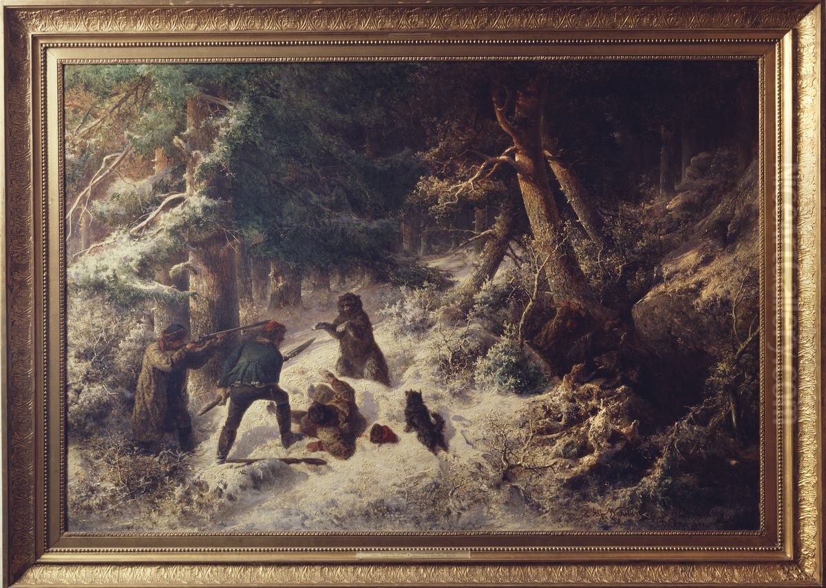 Vinterlandskap med bjornjakt Oil Painting by Alfred Wahlberg