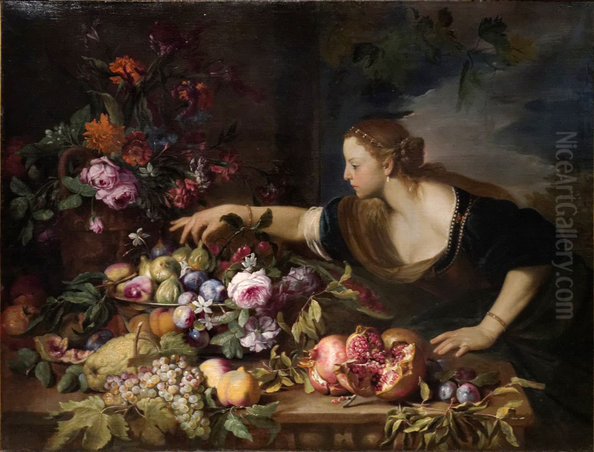 Femme prenant un fruit dans une coupe de fleurs et de fruits Oil Painting by Abraham Brueghel
