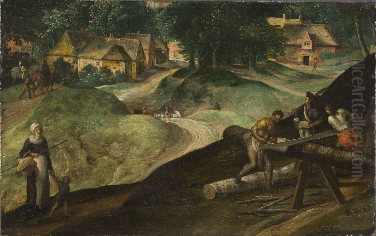 Landscape with Men Sawing Timber Oil Painting by Gillis Mostaert