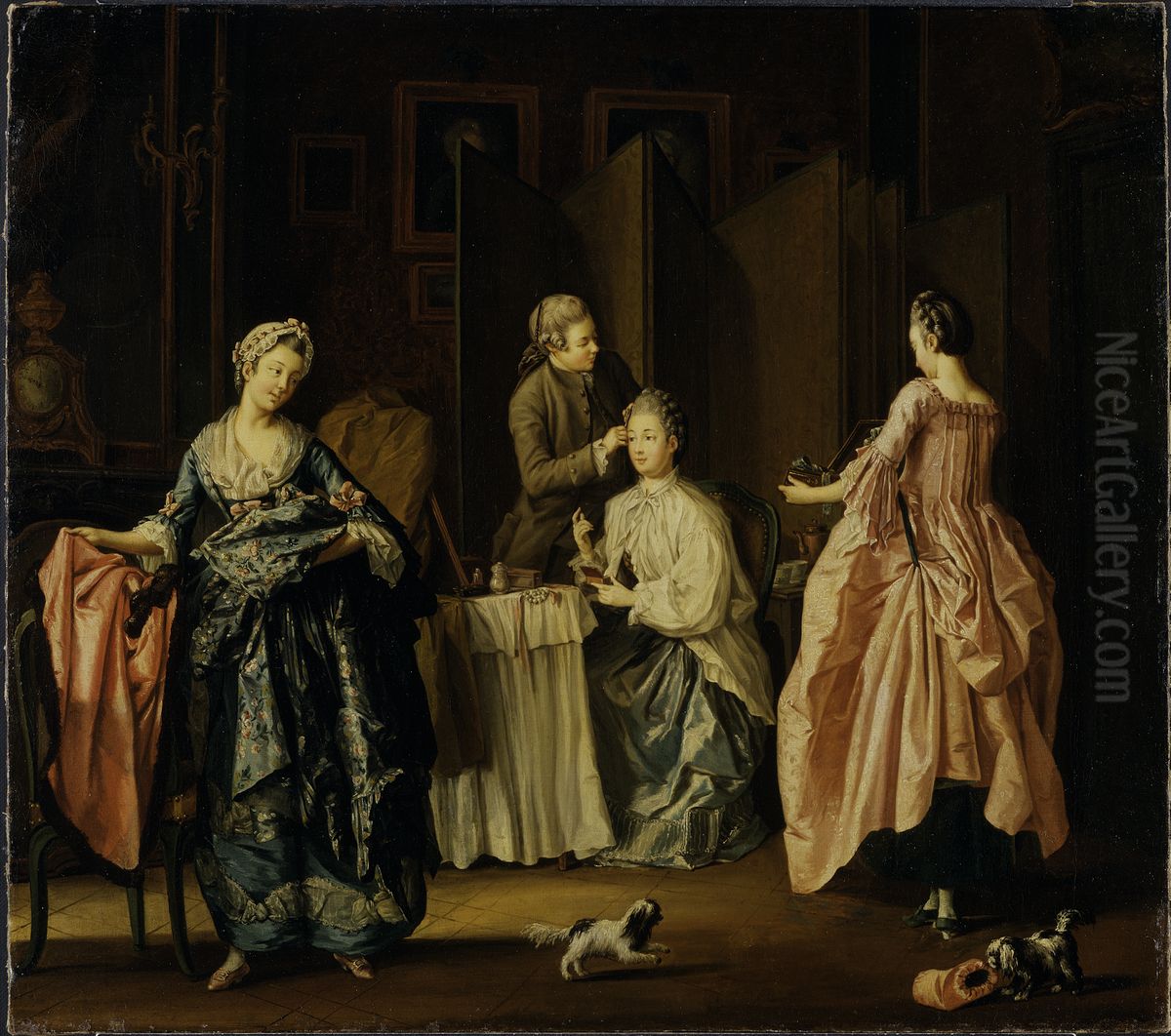 Morgontoiletten. Boudoir-scen Oil Painting by Pehr Hillestrom