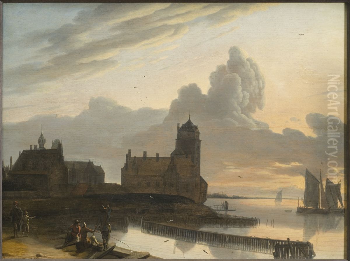 German River Landscape with a Town Oil Painting by Gerrit Adriaenszoon Berckheyde