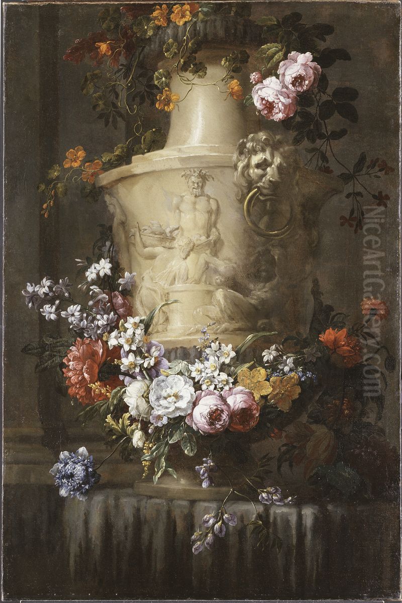 Marble Vase with Garland of Flowers Oil Painting by Jean-Baptiste Monnoyer