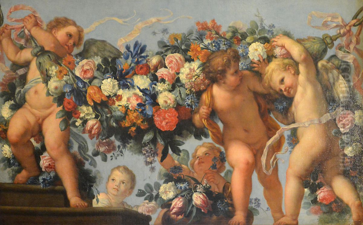 Amours et guirlande de fleurs Oil Painting by Carlo Maratta or Maratti