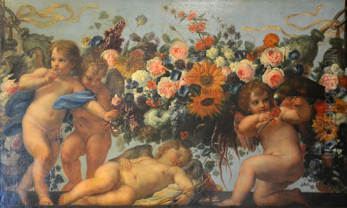Amour et guirlande de fleurs avec perroquet Oil Painting by Carlo Maratta or Maratti