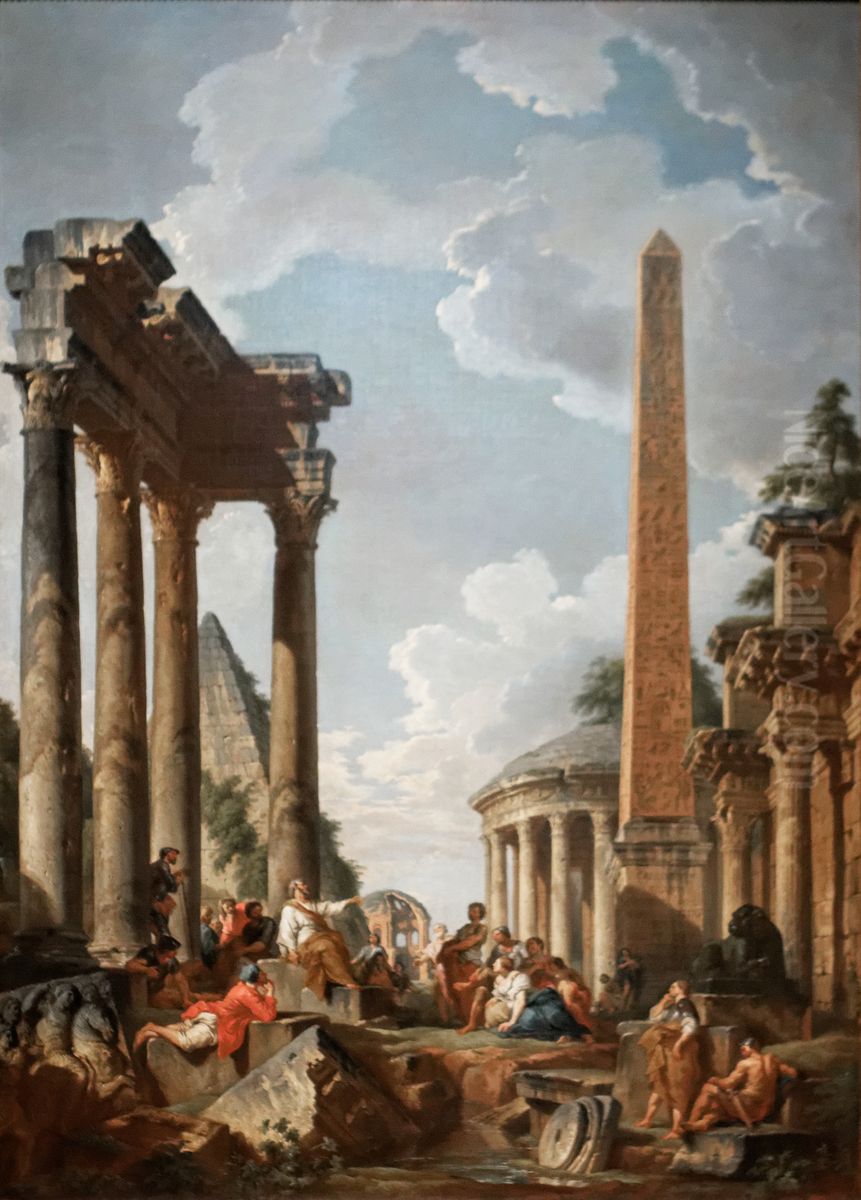 Architectural Capriccio with a Preacher in Roman Ruins Oil Painting by Giovanni Paolo Panini