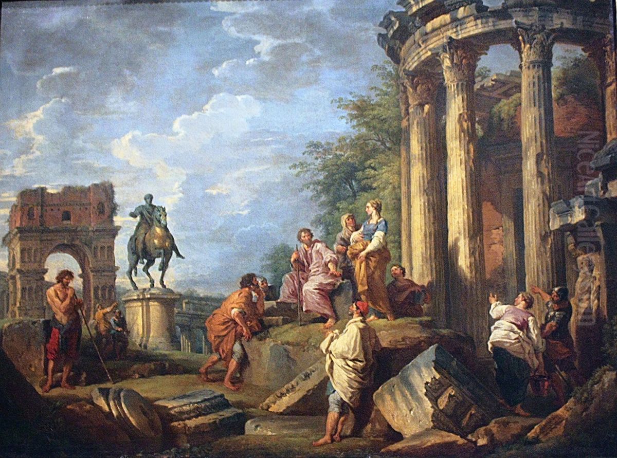 Architectural Ruins with the Arch of Janus, the Temple of Vesta and the Equestrian Statue of Marcus Aurelius Oil Painting by Giovanni Paolo Panini