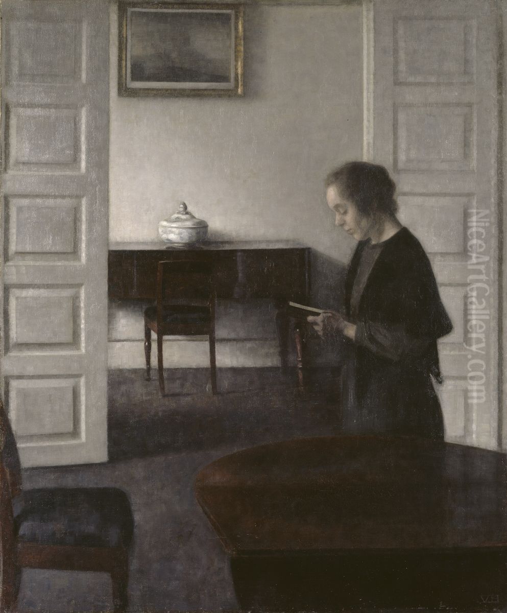 Interior med lasande dam Oil Painting by Vilhelm Hammershoi