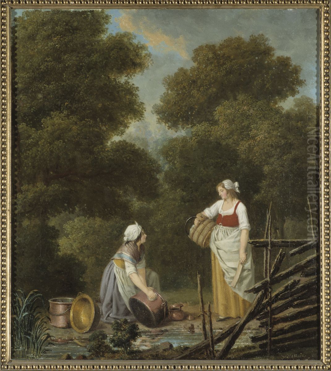 Two Maid-Servants at a Brook Oil Painting by Pehr Hillestrom