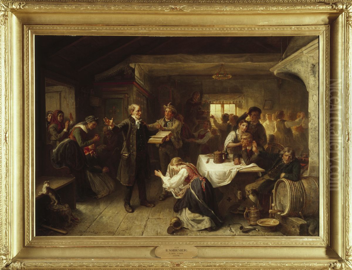 En lasare stor frojden i en gillestuga Oil Painting by Bengt Nordenberg