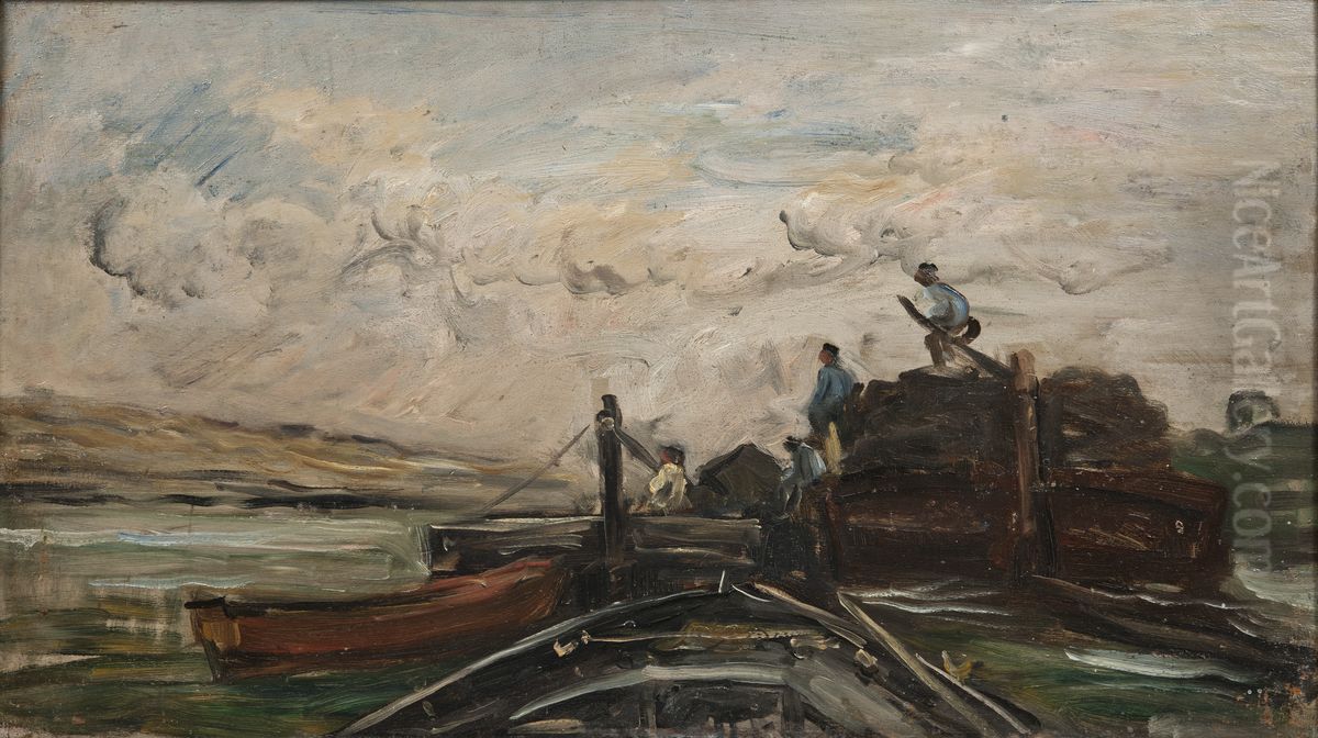 Barges on a River Oil Painting by Charles-Francois Daubigny