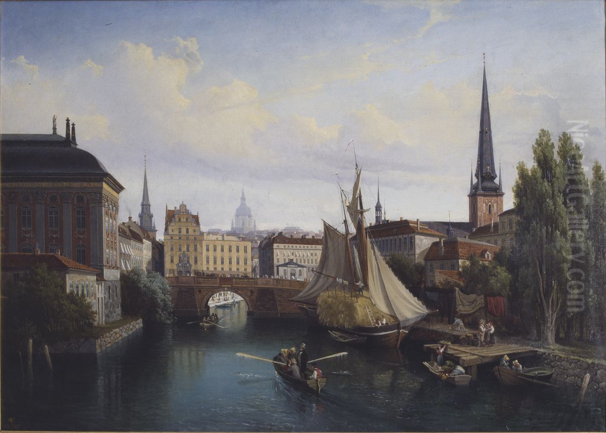 Utsikt over Riddarholmskanalen i Stockholm 1835 Oil Painting by Gustaf Wilhelm Palm