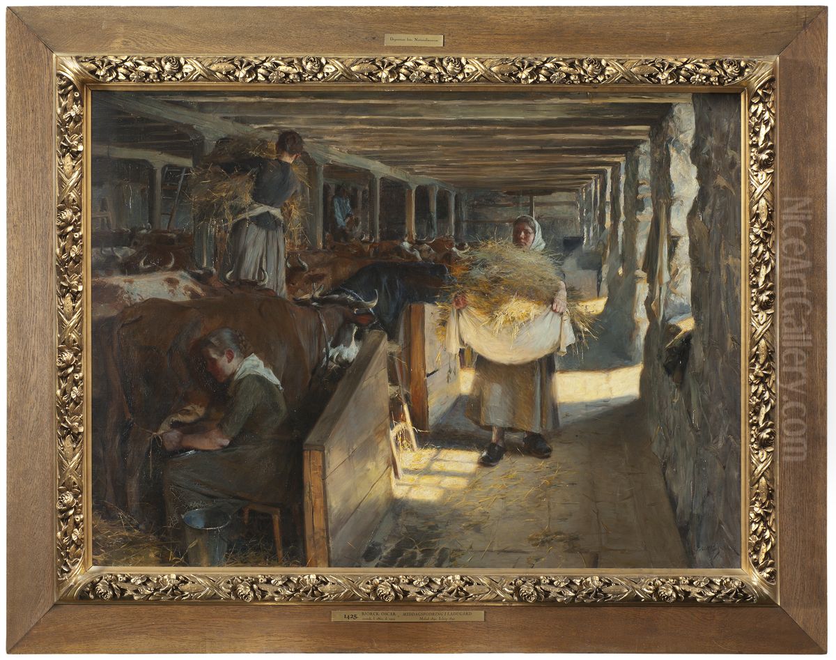 Feeding Time in a Cow-Shed Oil Painting by Oscar Bjorck