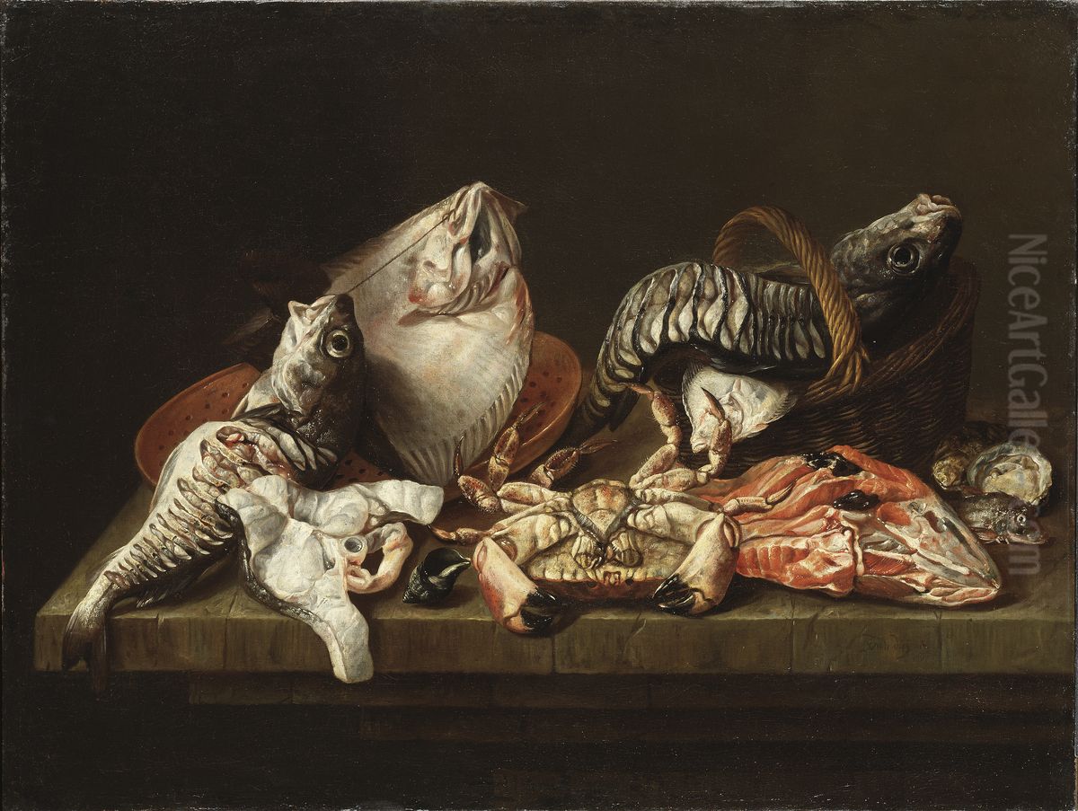 Still Life with Fishes, a Crab and Oysters Oil Painting by Isaac Van Duynen