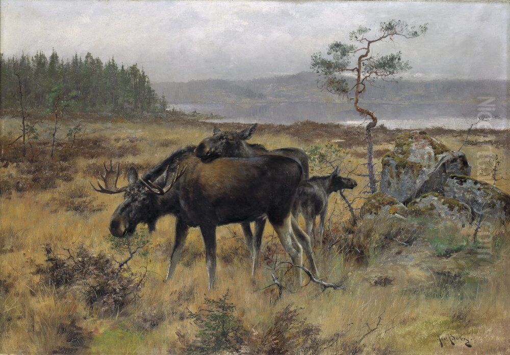 An Elk family Oil Painting by Axel Borg