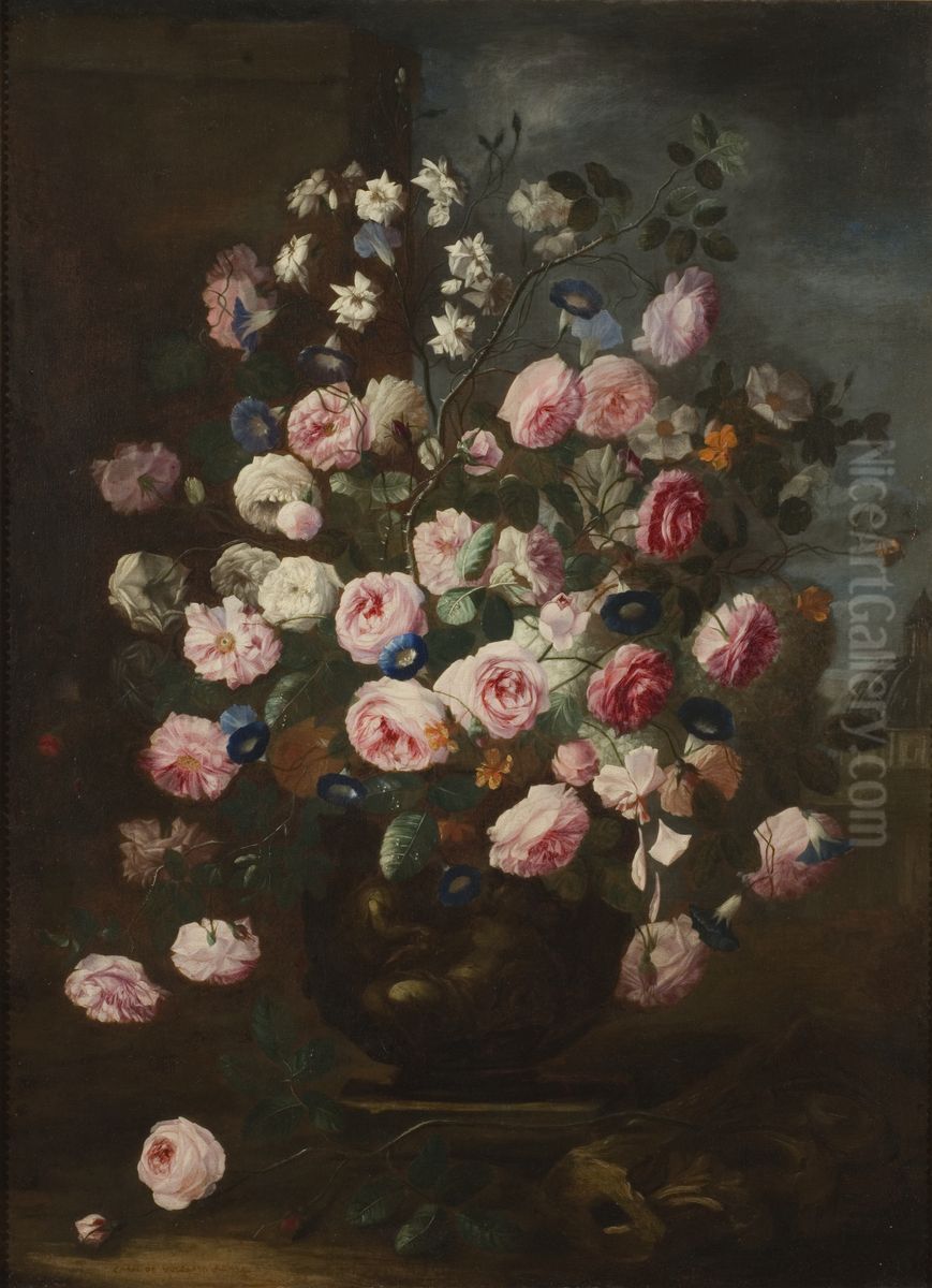 Roses in an Urn Oil Painting by Carel de Vogelaer