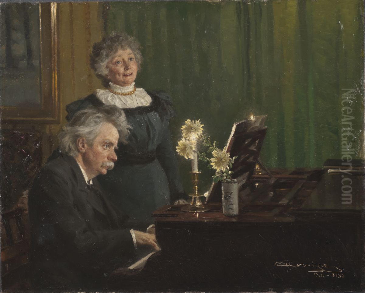 Edvard Grieg ackompanjerande sin hustru Oil Painting by Peder Severin Kroyer