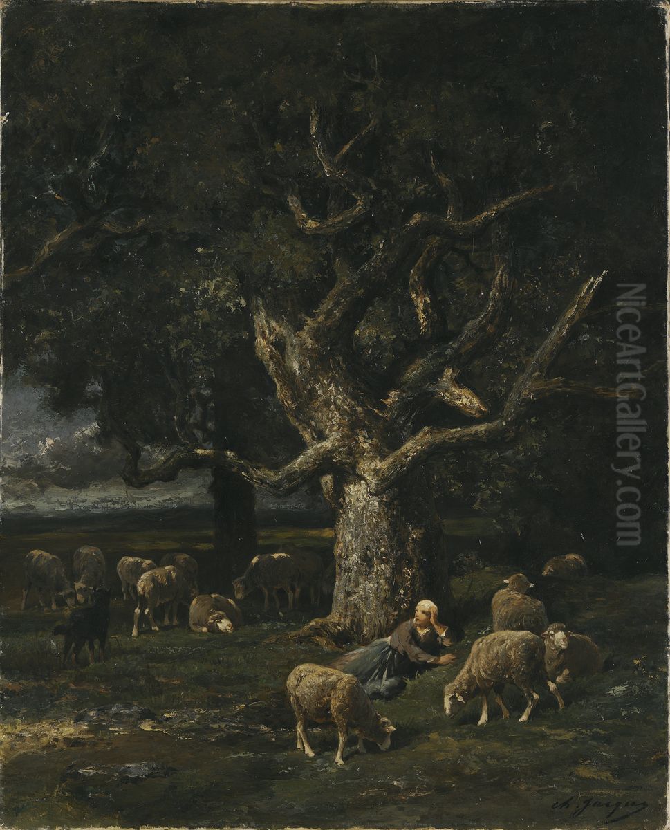 A Shepherdess and her Sheep Oil Painting by Charles Jacque