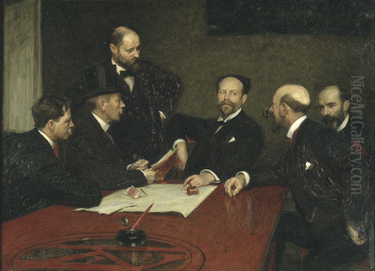 Konstnarsforbundets styrelse Sittande fr.v. Christian Eriksson, Eugene Jansson, Karl Nordstrom(ordf), Robert Thegerstrom, Richard Bergh. Staende Nils Kreuger. Oil Painting by Richard Bergh