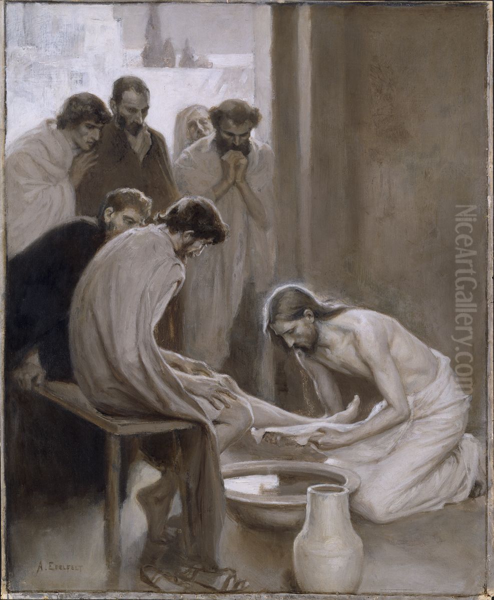 Jesus Washing the Feet of his Disciples Oil Painting by Albert Edelfelt