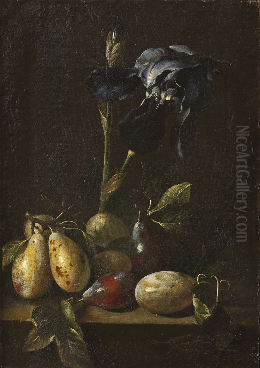 Still Life with an Iris and Plums Oil Painting by Pietro Paolo Bonzi