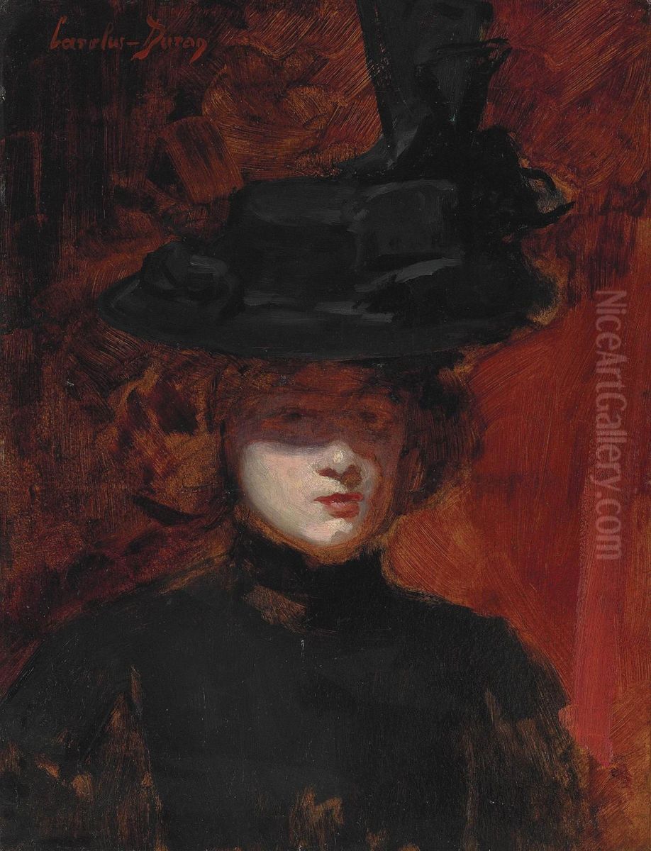 Portrait Of A Woman In A Black Dress And Hat Oil Painting by Carolus Duran Charles Emile
