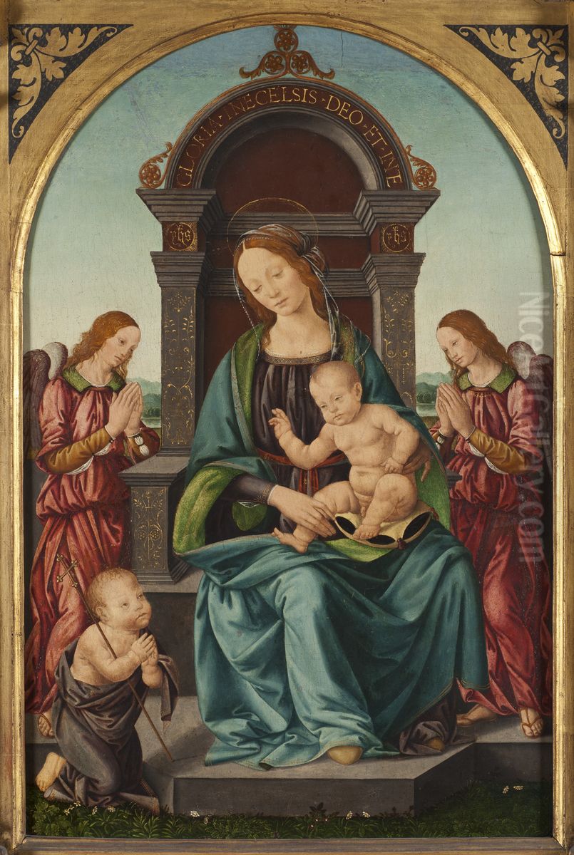 Madonna and Child with the Infant St John and Angels Oil Painting by Lorenzo Di Credi