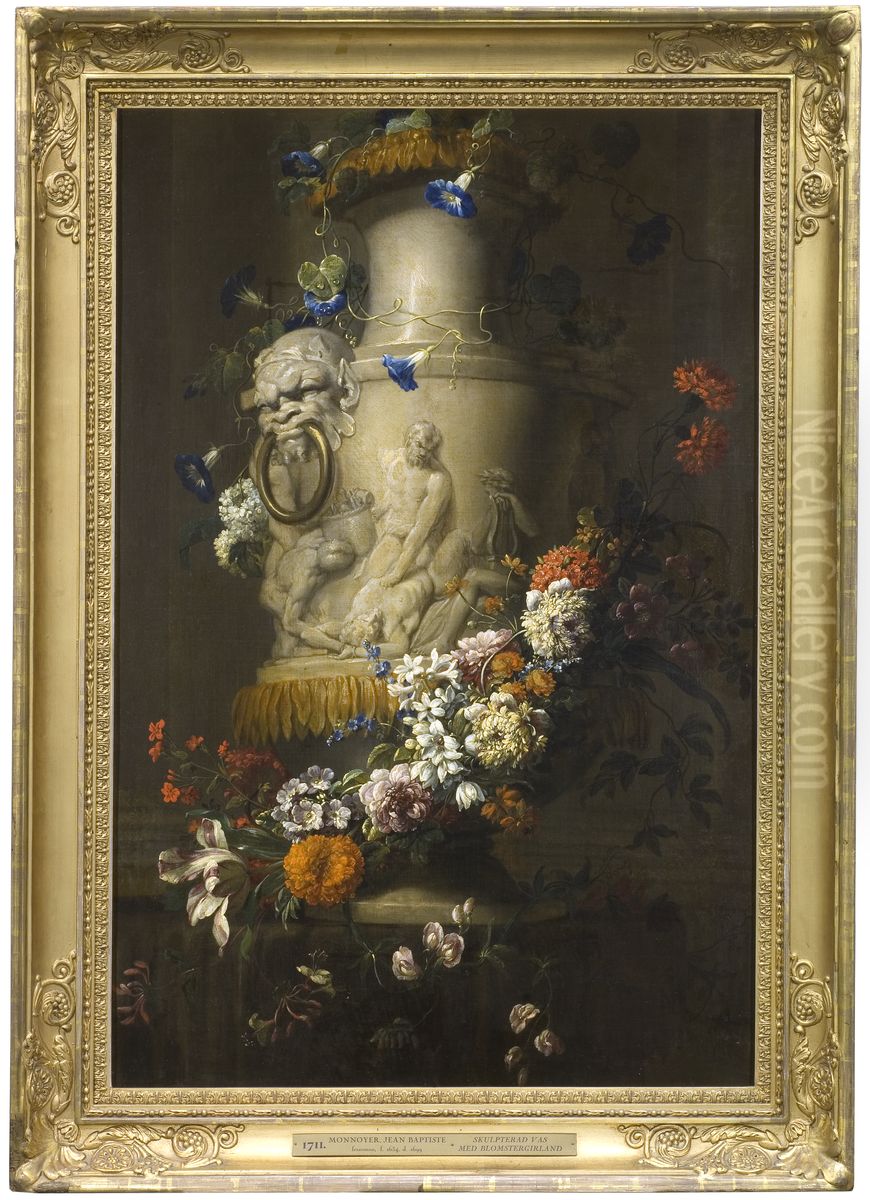 Marmorvas med blomstergirland Oil Painting by Jean-Baptiste Monnoyer