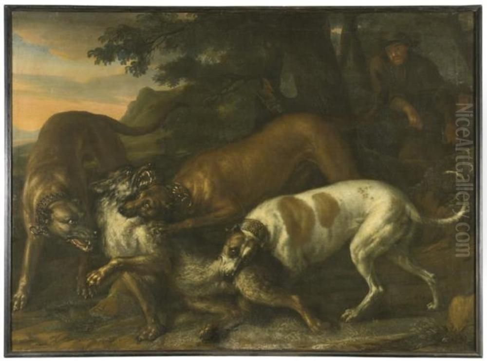 Hounds Belonging to King Karl XI Attacking a Wolf Oil Painting by David Klocker Ehrenstrahl