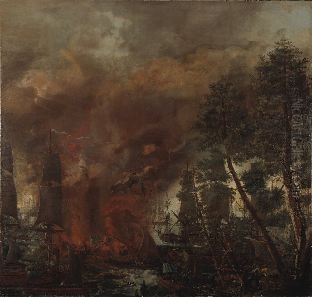 Utbrytningen ur Viborgska viken 3 juli 1790 Oil Painting by Louis Jean Desprez