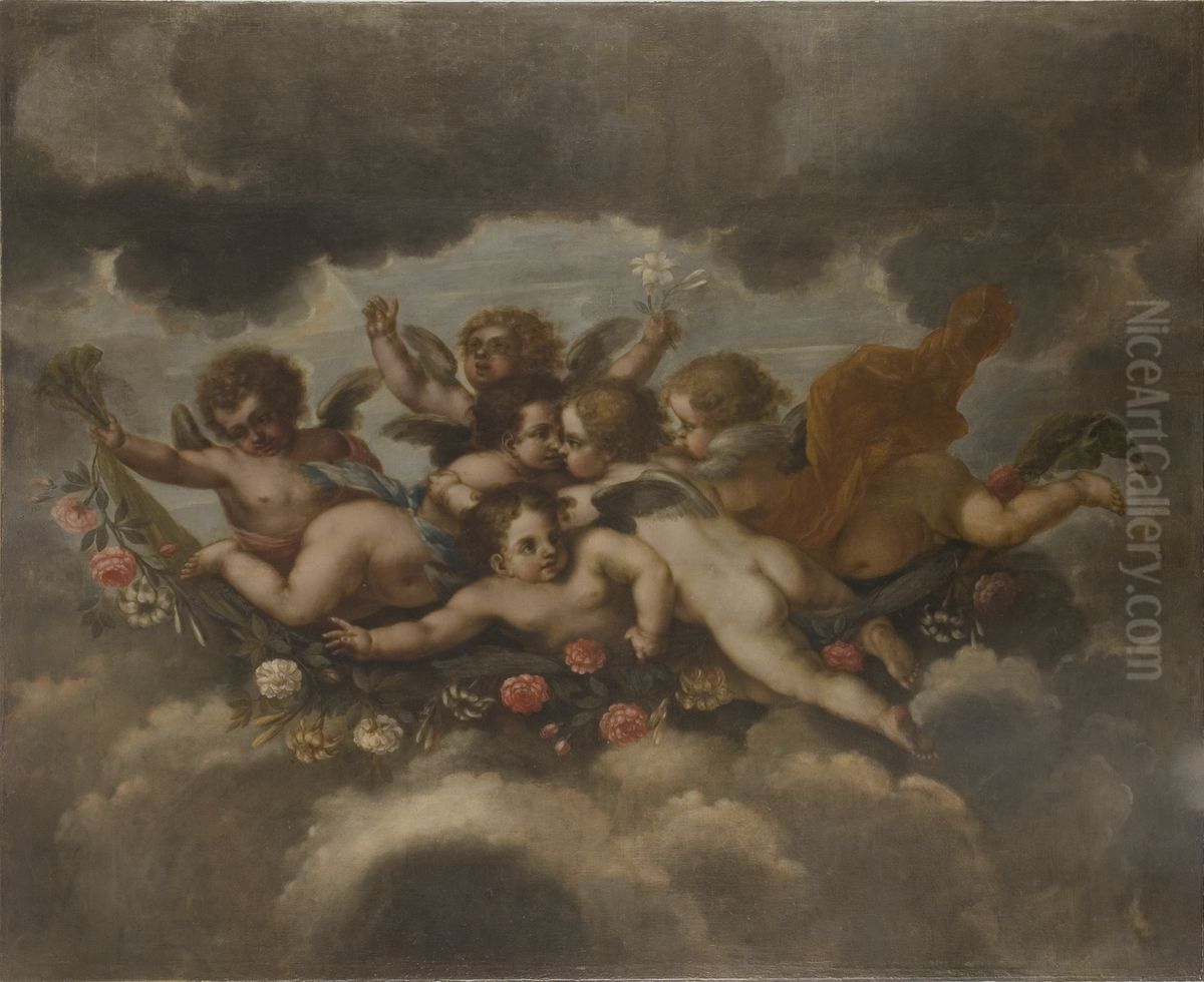 Blomstersmyckande putti Oil Painting by David Klocker Ehrenstrahl