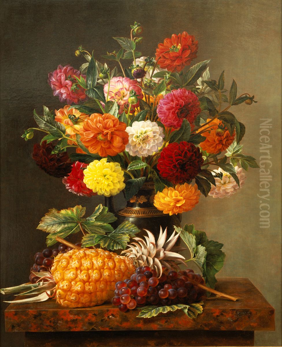 Still Life of Dahlias with Pineapple and Grapes Oil Painting by Johan Laurentz Jensen