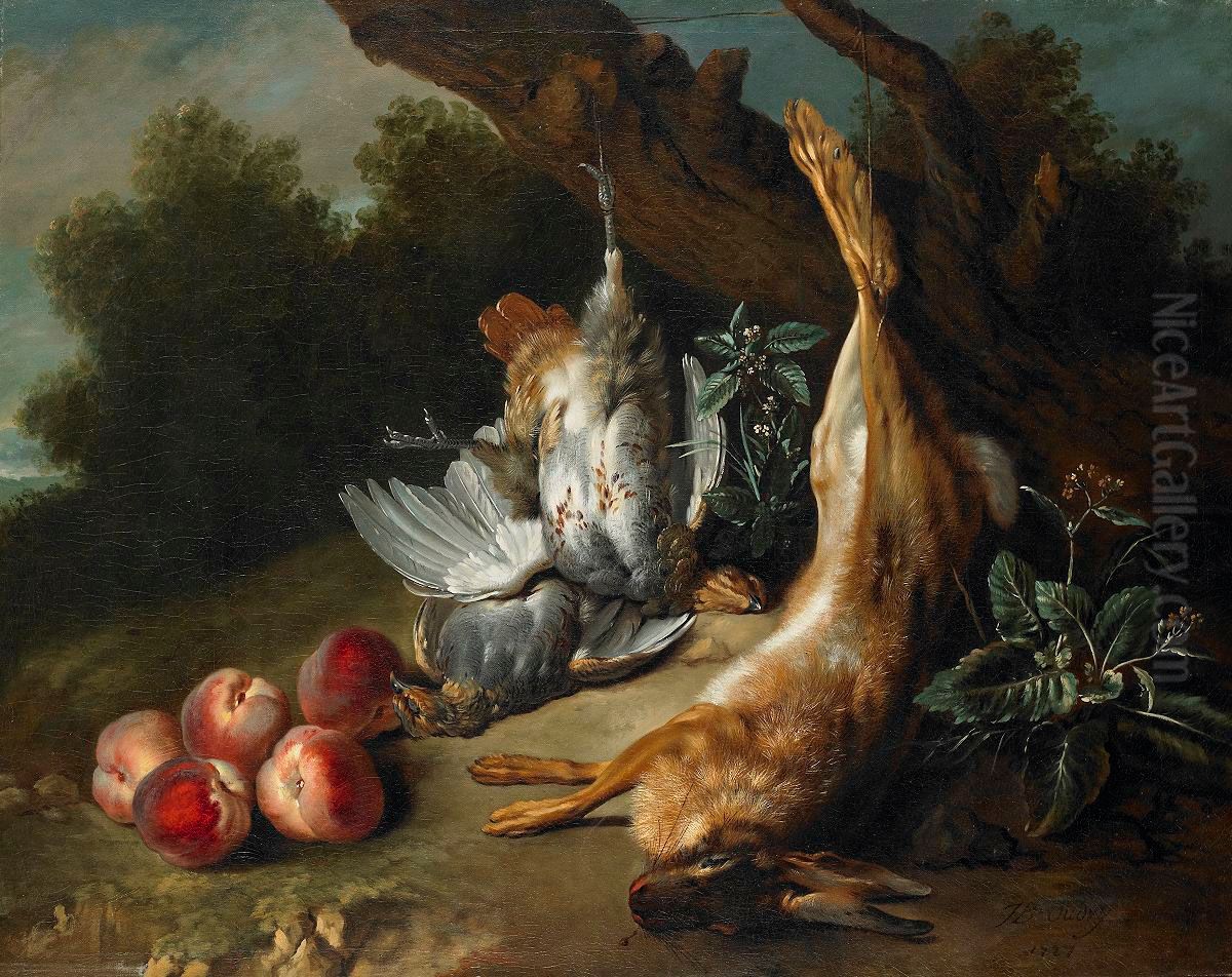 Still-life with Dead Game and Peaches in a Landscape Oil Painting by Jean-Baptiste Oudry