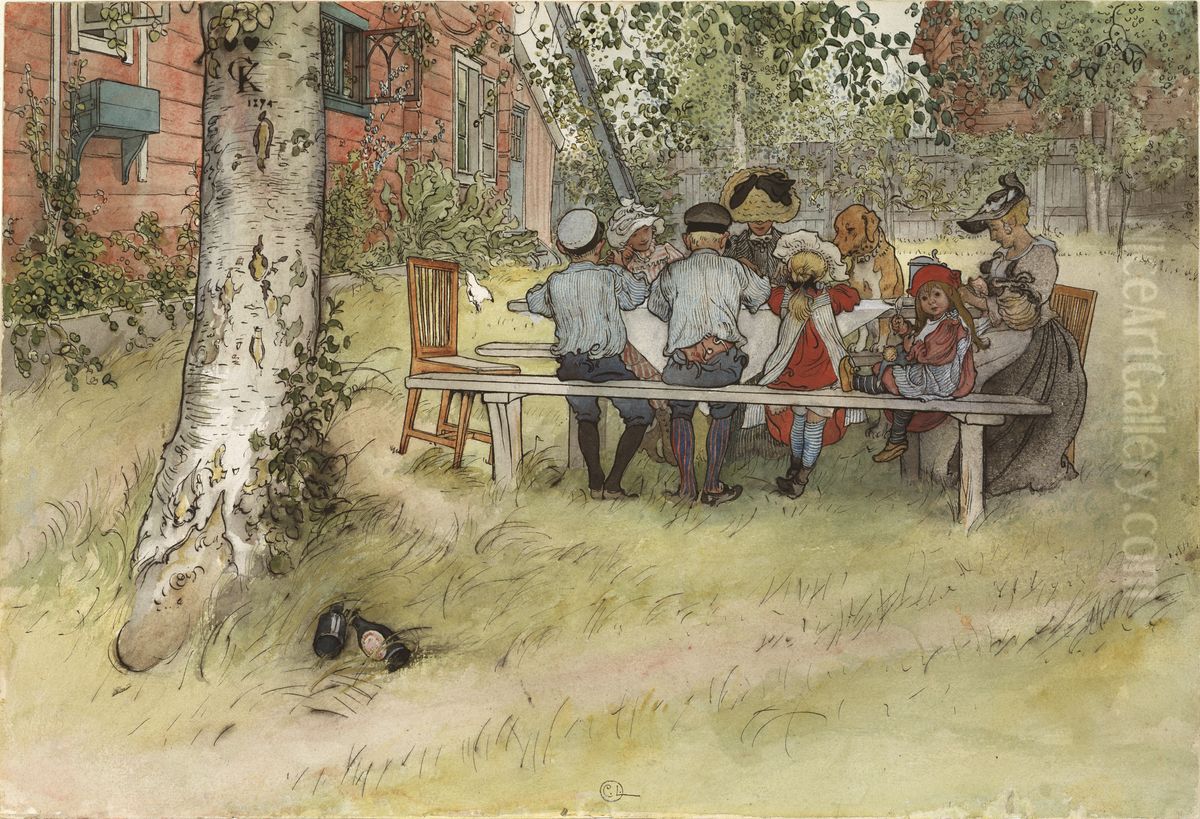Frukost under stora bjorken. Ur Ett hem (26 akvareller) Oil Painting by Carl Larsson