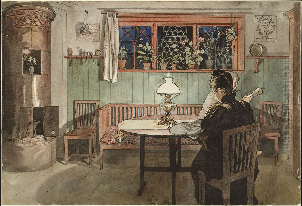Nar barnen lagt sig. Ur Ett hem (26 akvareller) Oil Painting by Carl Larsson